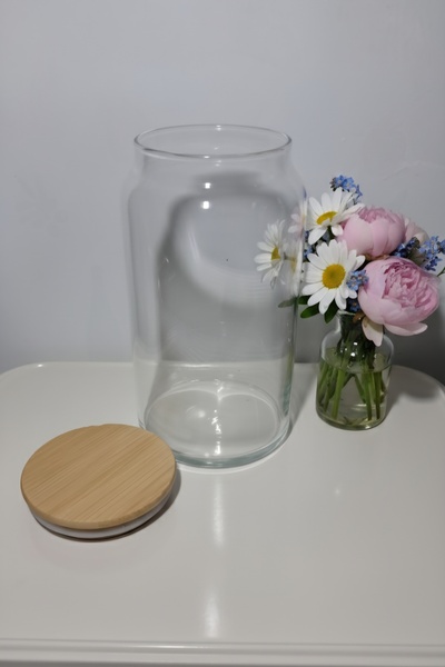 ÖZ HOME وعاء تخزين/تنظيم زجاجي بغطاء من الخيزران مفرغ الهواء سعة 1130 مل