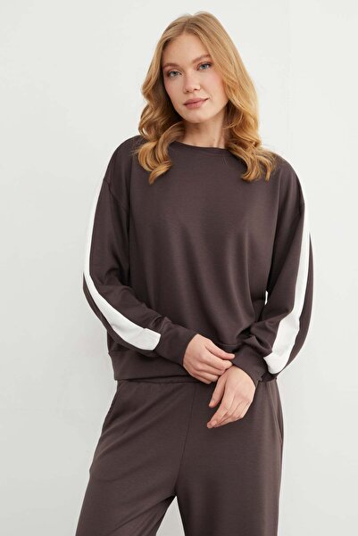 Fulla Moda Crew Neck Modal Sweatshirt with Stripe on the Sleeve