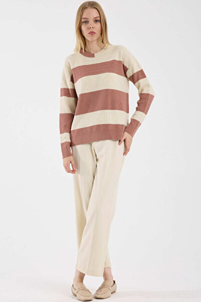 Sementa Block Striped Off-Shoulder Knit Sweater - Rose