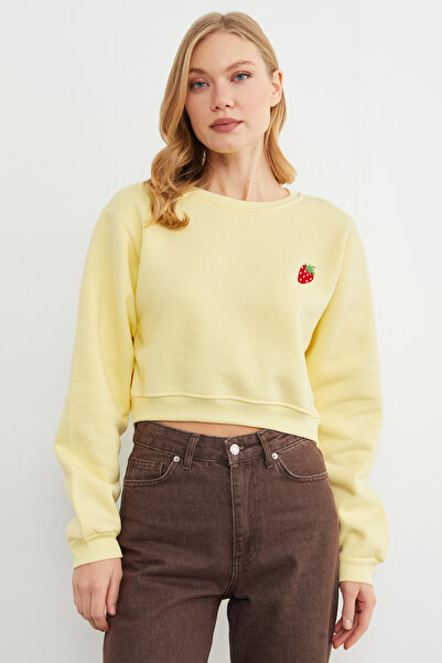 Fulla Moda 3 Thread Strawberry Embroidered Crop Sweatshirt