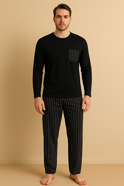 STELLAPİNK Erkek Penye Çizgili Cep Detaylı Siyah Uzun Pijama Takımı