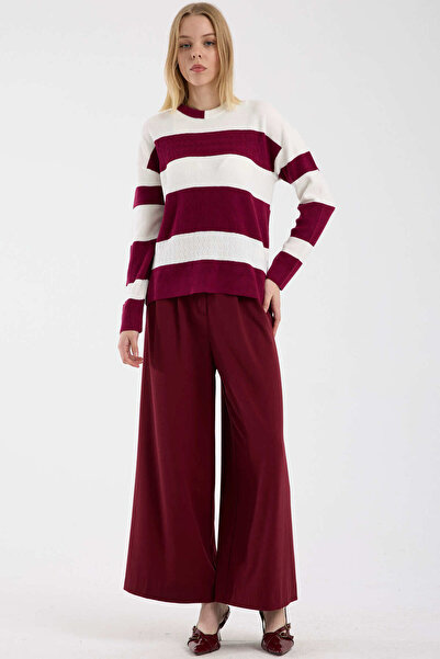 Sementa Block Striped Off-Shoulder Knit Sweater - Burgundy