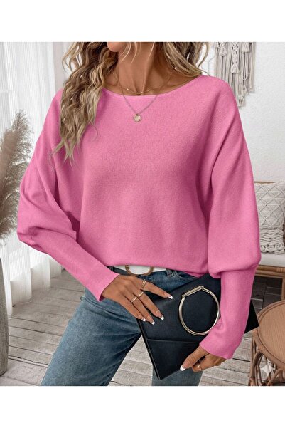 Maysev Kayık Yaka Yarasa Kol Loose Fit Bordo-Pembe Kadın Kazak