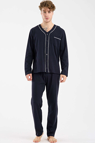 Sementa V-Neck Buttoned Pajama Set - Navy Blue
