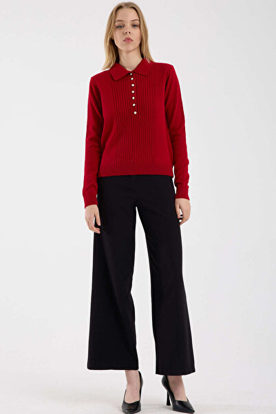 Sementa Pearl Button Collar Knit Sweater - Red