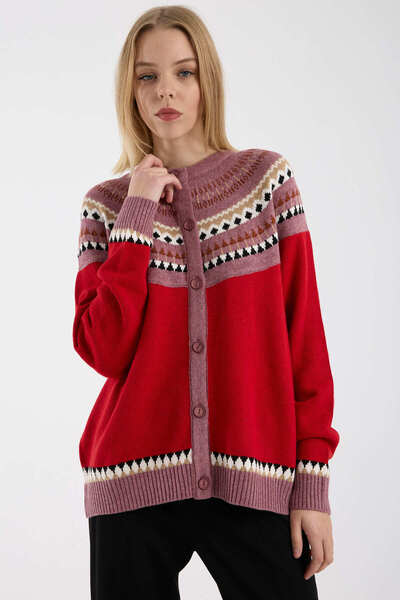 Sementa Ethnic Motif Wool Knit Cardigan - Red