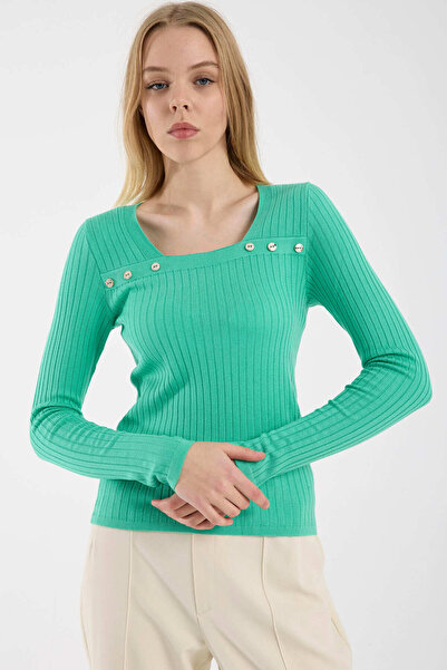 Sementa Square Neck Corded Fabric Knitwear Sweater - Green