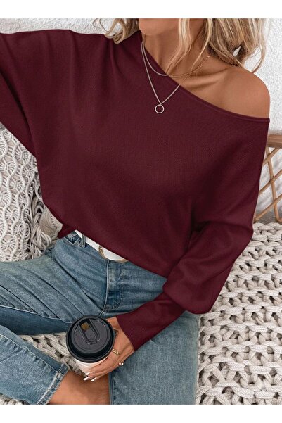 Maysev Kayık Yaka Yarasa Kol Loose Fit Bordo-Pembe Kadın Kazak