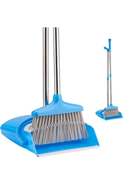 Lawazim Broom and Dustpan Set with Self-Cleaning Dustpan and Adjustable Handle (Blue) -