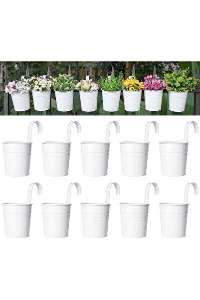 Dahey 10-Pack Hanging Metal Flower Pots with Removable Hooks, White, 5-inch