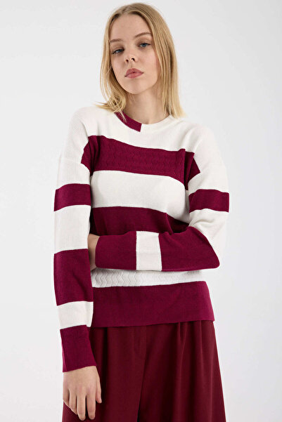 Sementa Плетен пуловер с ниски рамене и блокови ивици - бордо