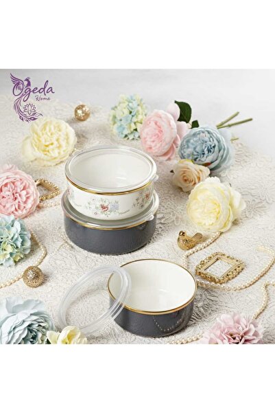 Paçi Emaye 3’lü Saklama Kabı Seti–Gri & Çiçek Desenli – Kapaklı,Sızdırmaz,Mutfak Düzenleme ve Servis Kabı