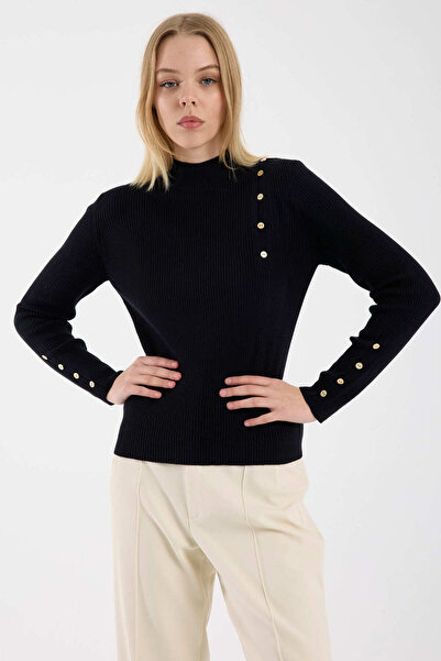 Sementa Button Detailed Corded Fabric Knitwear Sweater - Black