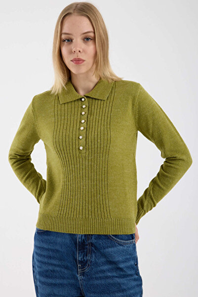 Sementa Pearl Button Collar Knitwear Sweater - Green