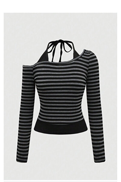 Köstebek Black Anthracite Grunge Open Shoulder Long Sleeve Blouse with Additional Straps