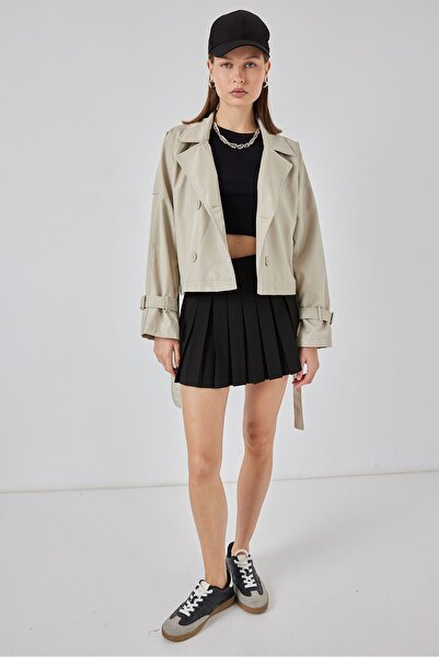 Modamorfo Women's Belted Short Trench Coat 5970 - Stone