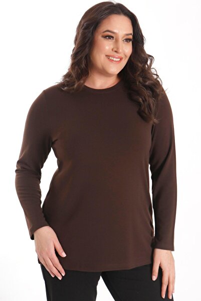 SERTUĞ Trend42Plus Plus Size Basic Crew Neck Brown Blouse