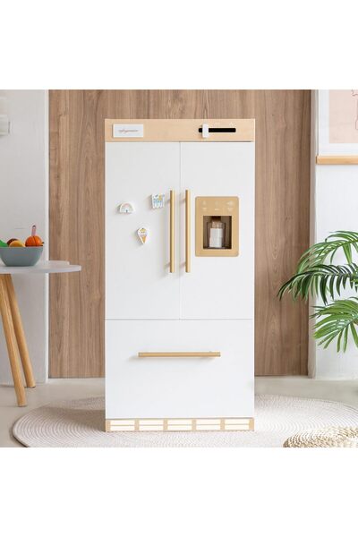 Ominii ثلاجة لعب خشبية للأطفال - تخزين ببابين ومغناطيسات ثلاجة إبداعية، ثلاجة للعب التخيلي