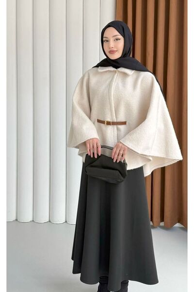 SAYRA Düğmeli Kemer Detaylı Kırçıllı Kaşe Pelerin Panço-LACİVERT