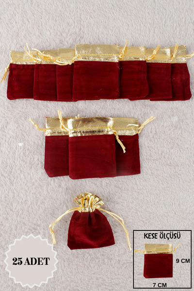 Mortex Bordo Gold Lame Kadife Kese 25 Adet 7x9 Cm Kına, Çerez, Kuruyemiş,Hedi...