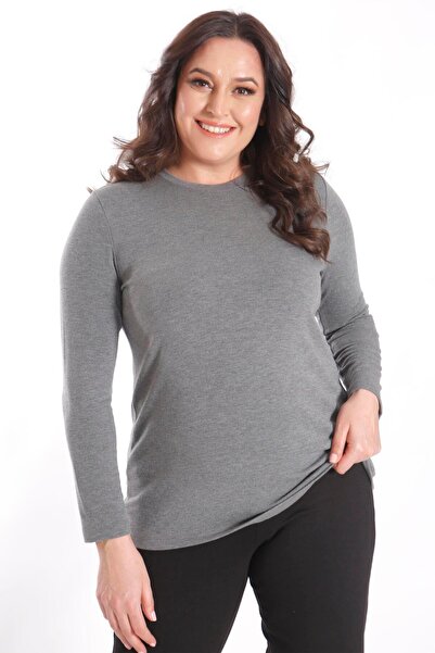 SERTUĞ Trend42Plus Plus Size Basic Crew Neck Anthracite Blouse