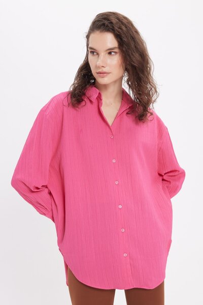 Tudors Women's Oversized Wide Cut Wrinkle Detail Long Sleeve Textured Pink Shirt