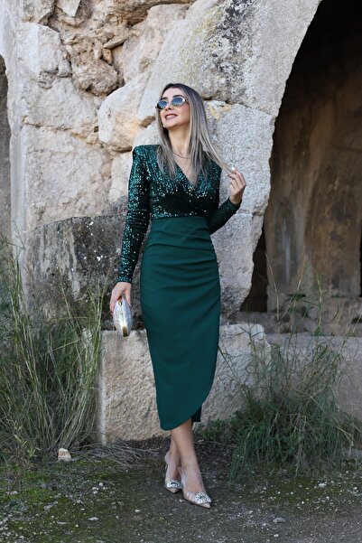 bytugcekaya Emerald Green Sequined Double-Breasted Dress