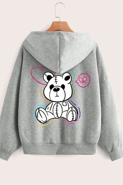 Know Unisex Gri Sweet Bear Baskılı Kapşonlu Fermuarlı Hırka