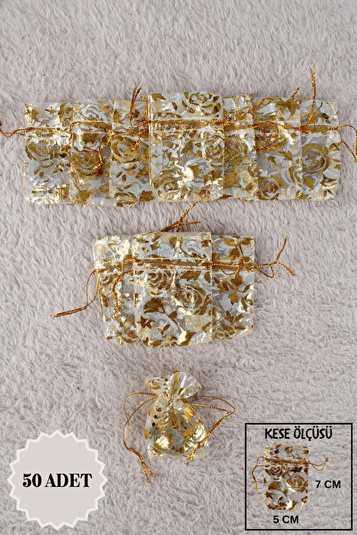 Mortex Gold Baskılı Tül Kese 50 Adet 5x7 Cm Kına, Çerez, Kuruyemiş, Hediyelik...