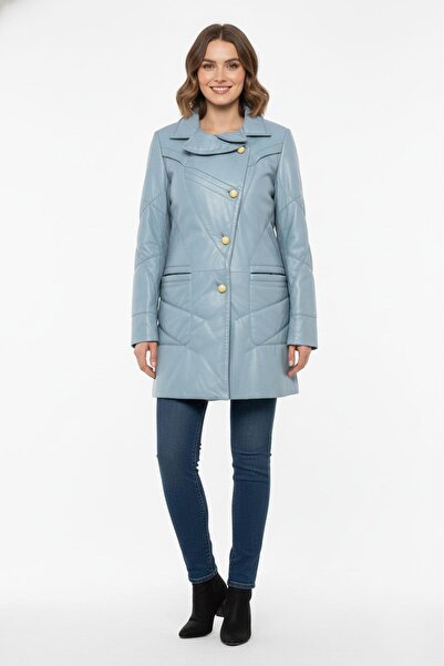 Deriderim Blue Bella Fiber Filled Shawl Collar Buttoned Women's Leather Coat