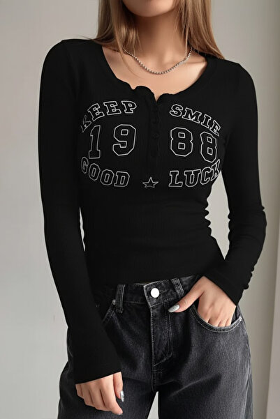 Karakedi Μαύρο Keep Smile με κουμπιά Street Y2K με μακριά μανίκια