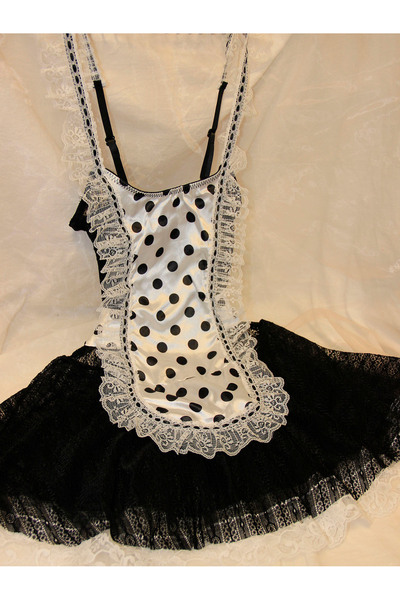 JInsh فستان خادمة مثير للنساء، زي تنكري للهالوين، مئزر منقط مكشكش بحمالات شبك...