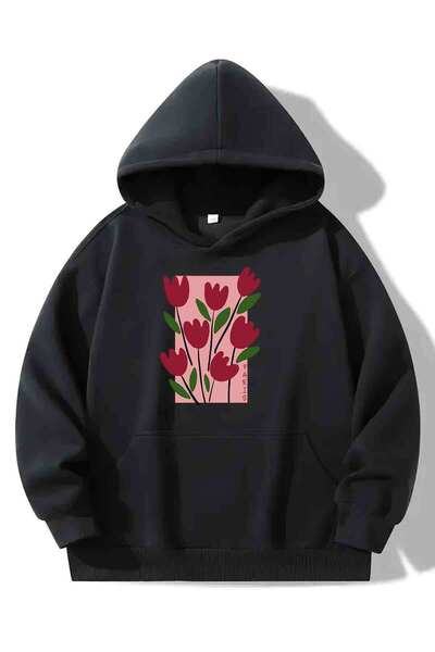 Agolady Hanorac cu glugă pentru femei, cu imprimeu de lalele - Hanorac suprad...