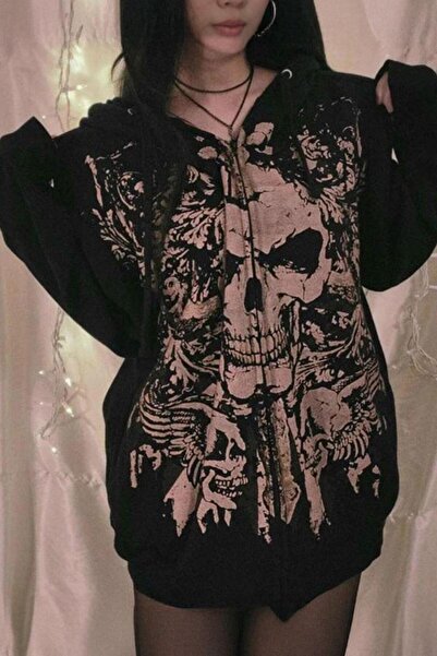Karakedi Black Gothic Skull Printed Y2K Hooded Unsiex Cardigan
