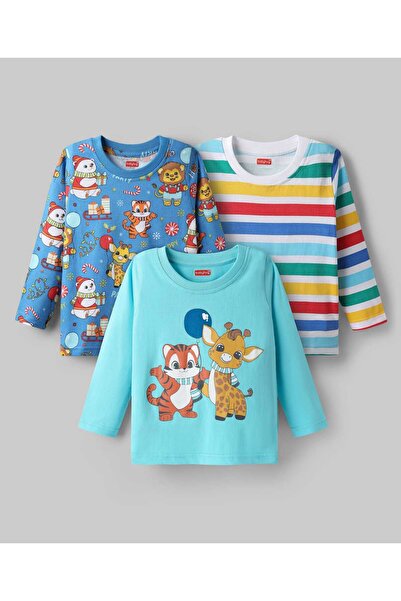 Babyhug 100% Cotton Knit Full Sleeves T-Shirts with Stripes & Animal Print (Pack of 3) - Blue