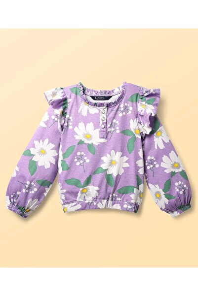Pine kids بلوزة بأكمام طويلة مزينة بكشكشة وطبعة زهور - أرجواني فاتح
