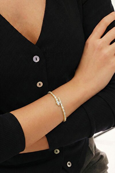 Söğütlü Silver 925 Ayar Gümüş Bileklik Üzeri Altın Kaplama Zirkon Taşlı özel tasarım hareketli yılan bileklik SGTL1