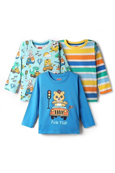 Babyhug 100% Cotton Knit Full Sleeves T-Shirts with Stripes & Animal Print Pack of 3 - Blue