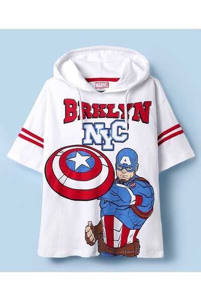 Pine Kids Marvel تيشيرت أبيض بأكمام نصفية وكتف بغطاء رأس وغطاء رأس مزين برسوم...