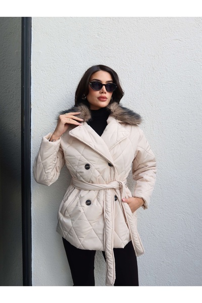 ESRAHELVACI Baklava Pattern Collar Fur Padded Coat