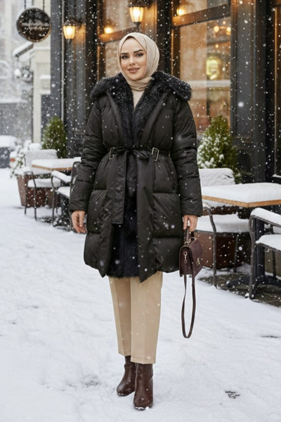 Hb Harma Time Butik Palton negru puf pentru femei, cu detalii cu pene, curea și buzunare