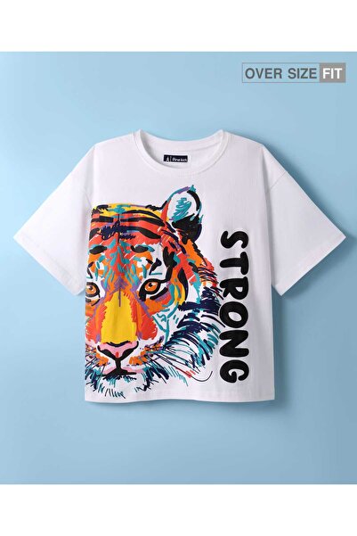 Pine kids Half Drop Shoulder Sleeves T-Shirt with Animal & Strong Text Print - White