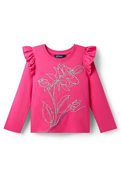 Pine kids Cotton Knit Full Sleeves Top Frill Detailing Text Print &Floral Embroidery - Dark Pink