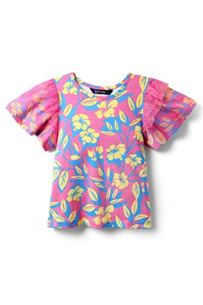 Pine kids Cotton Knit Half Flutter Sleeves Top with Floral Print - Pink