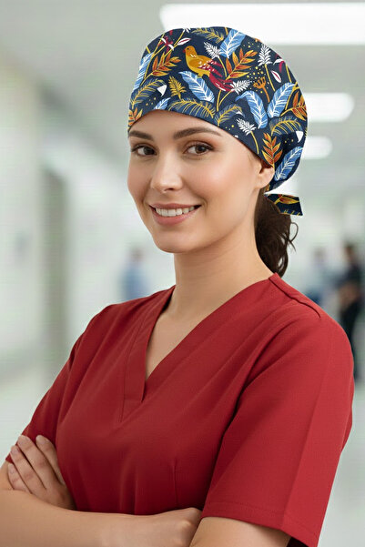 Lion Üniforma Kuş Lacivert Desenli Cerrahi Bone Unisex – Likralı Doktor Hemşi...