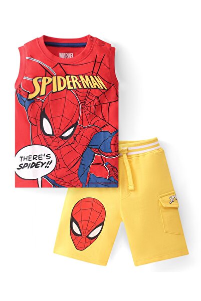 Babyhug Marvel تيشيرت وشورت بدون أكمام من نسيج جيرسي مفرد مزين برسومات سبايدر...