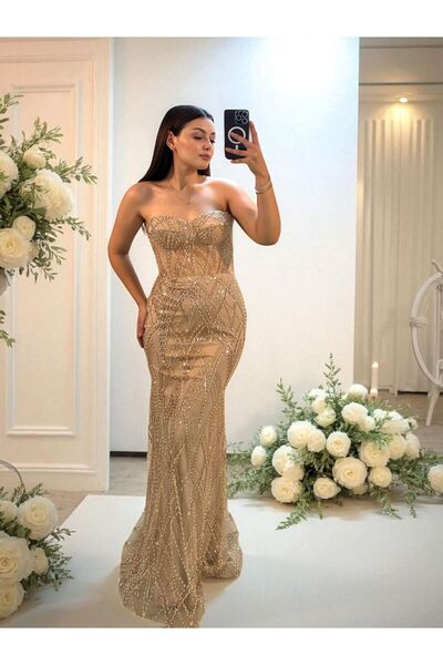 OLA Calis Straplez Transparan Korse Detaylı Gold Renk Balık Model Elbise