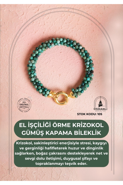 OSMANLI DOĞAL TAŞ Certified Handcrafted Knitted Chrysocolla Silver Clasp Bracelet (Sk:105)
