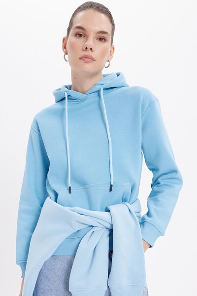 Tudors Women's relax fit comfortable cut cotton Hooded blue sweatshirt with kangaroo pocket