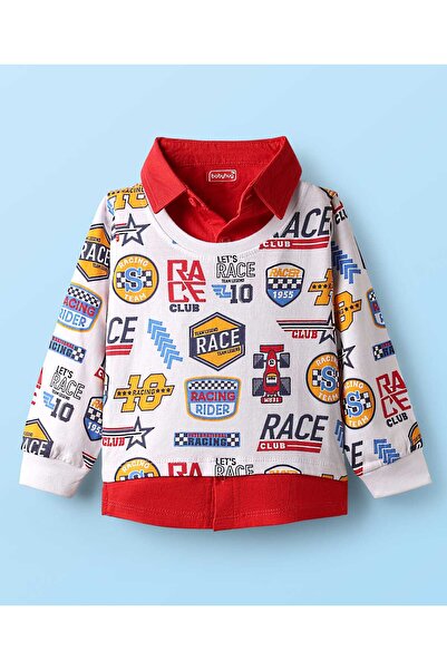 Babyhug 100% Cotton Knit Full Sleeves Top with Race Theme Text Print - Red & White